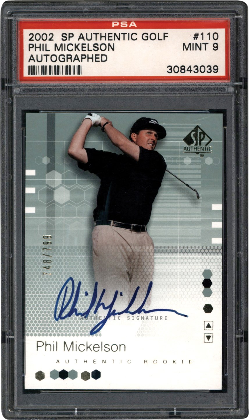 - 2002 Upper Deck SP Authentic Golf #110 Phil Mickelson Rookie Autograph Card #748/799 PSA MINT 9
