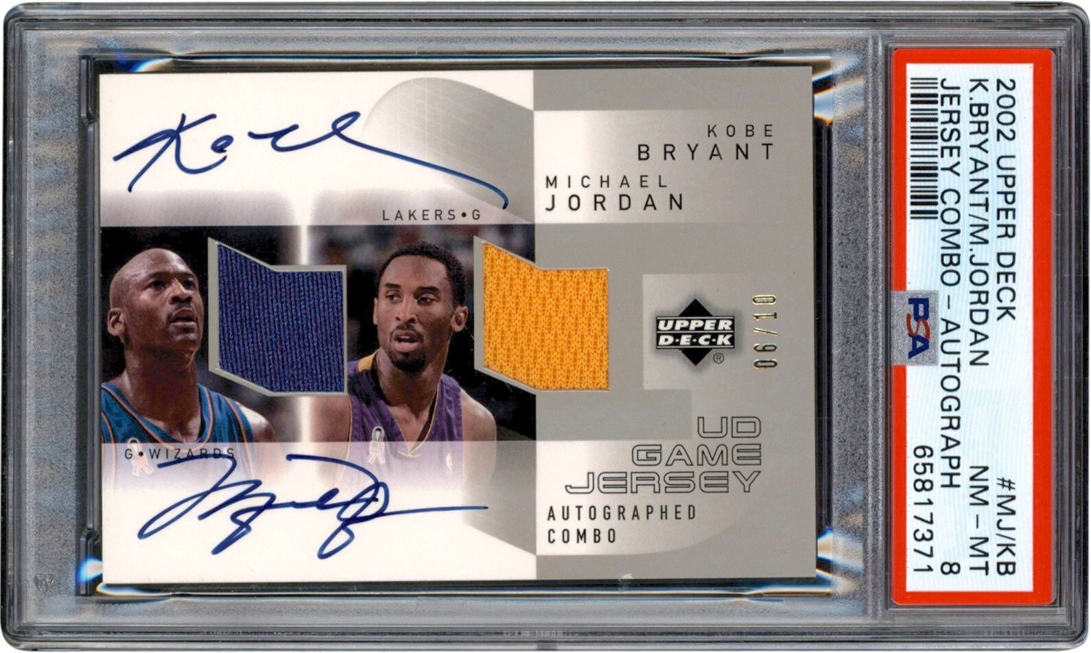 - 002-03 Upper Deck UD Game Jerseys Combos Autographs #MJKBC Michael Jordan & Kobe Bryant Game Worn Jersey Autograph Card #6/10 PSA NM-MT 8