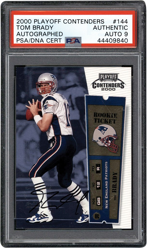 - 000 Playoff Contenders Football Rookie Ticket #144 Tom Brady Rookie Autograph Card PSA Authentic Auto 9