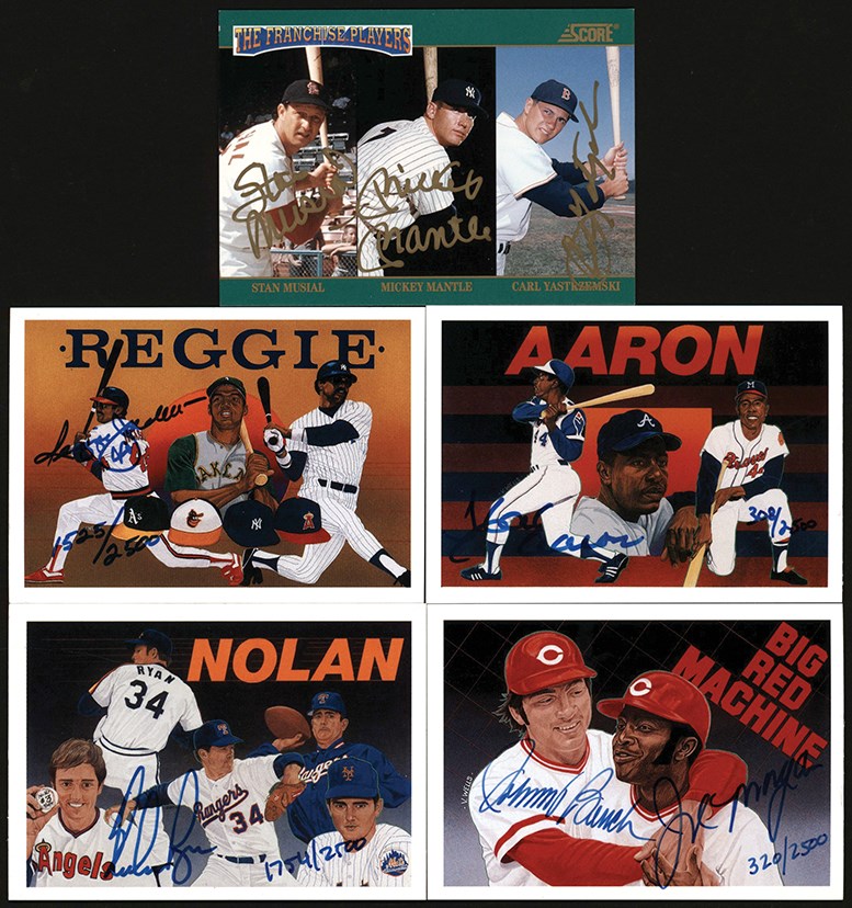 - 1990-1992 Upper Deck Heroes and Score The Franchise Autograohed Card Collection (5) W/ Jackson, Ryan, Aaron, Mantle