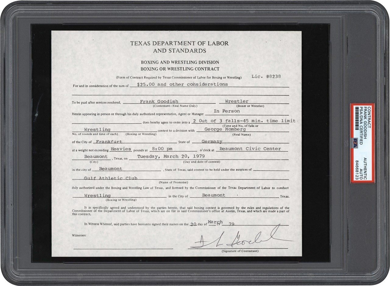 - Bruiser Brody Signed Texas Boxing or Wrestling Contract