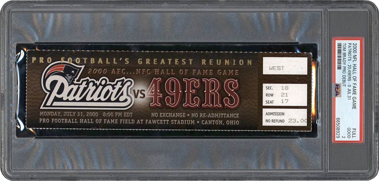 July 31, 2000, New England Patriots vs. San Francisco 49ers Hall of Fame Game Full Ticket – Tom Brady’s Professional Debut PSA GOOD 2