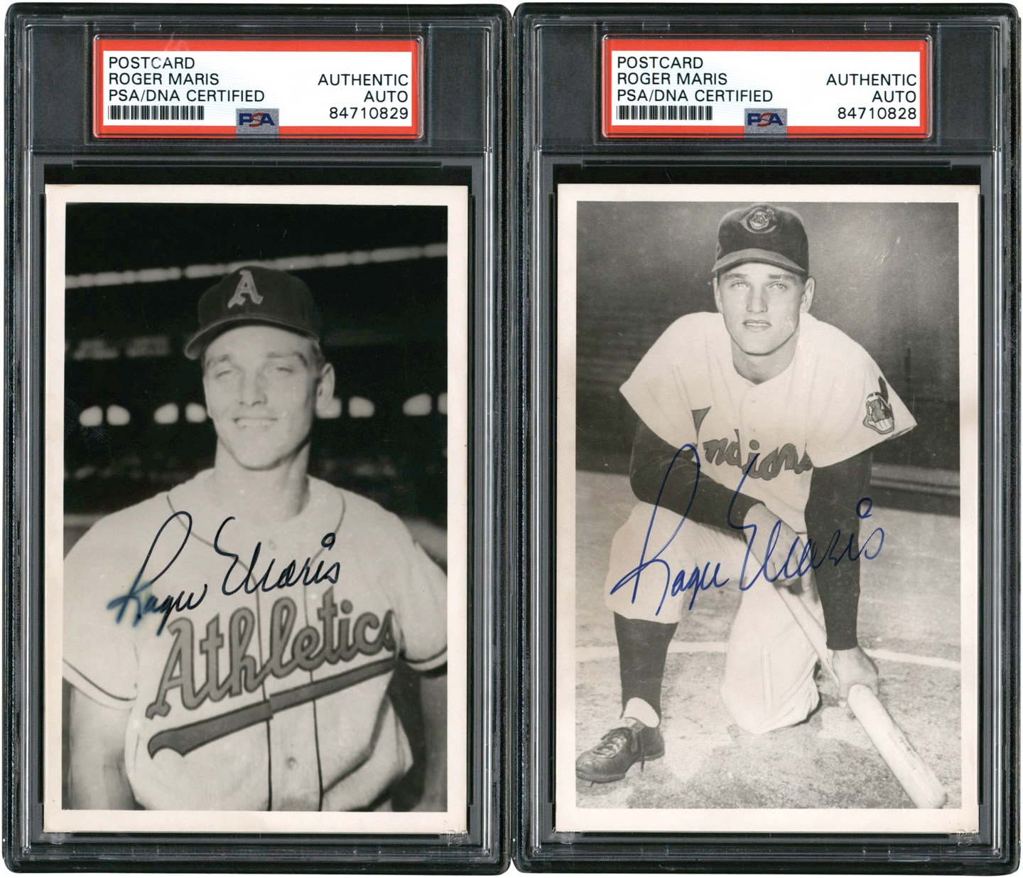 Baseball Autographs - Roger Maris Cleveland Indians & Kansas City Athletics Autographed Real Photo Postcards (PSA)