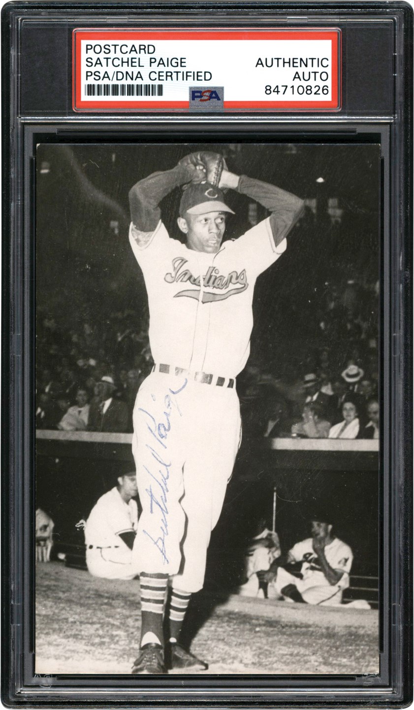 Baseball Autographs - Satchel Paige Signed Real Photo Postcard - Image Used for 1949 Team Picture Pack Photo (PSA)