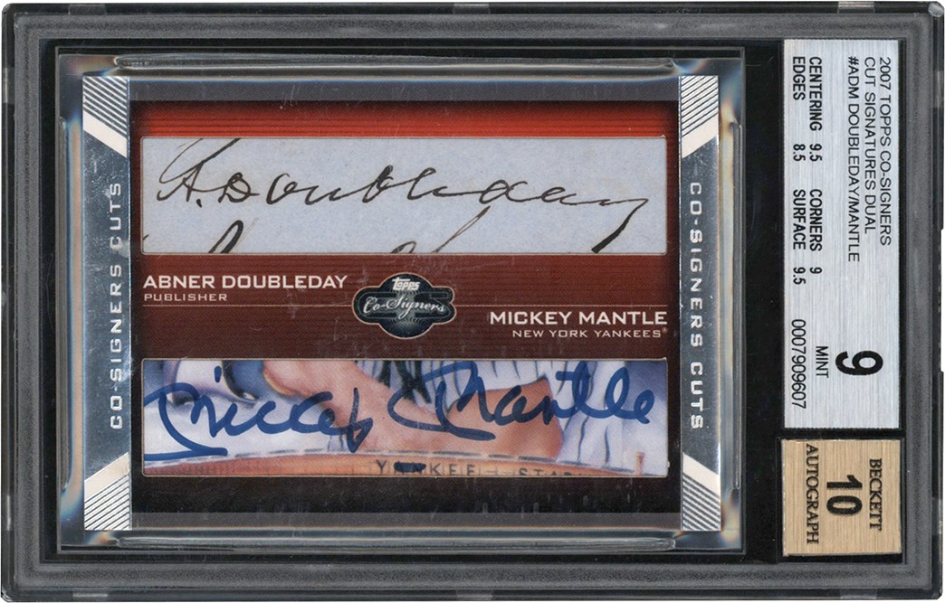 - 2007 Topps Baseball Co-Signers Cut Signatures Dual #ADM Abner Doubleday & Mickey Mantle Autograph Card #1/1 BGS MINT 9 Auto 10