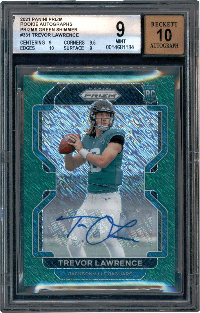 - 021 Prizm Football Green Shimmer Trevor Lawrence Rookie Autograph #4/5 BGS MINT 9 - Auto 10
