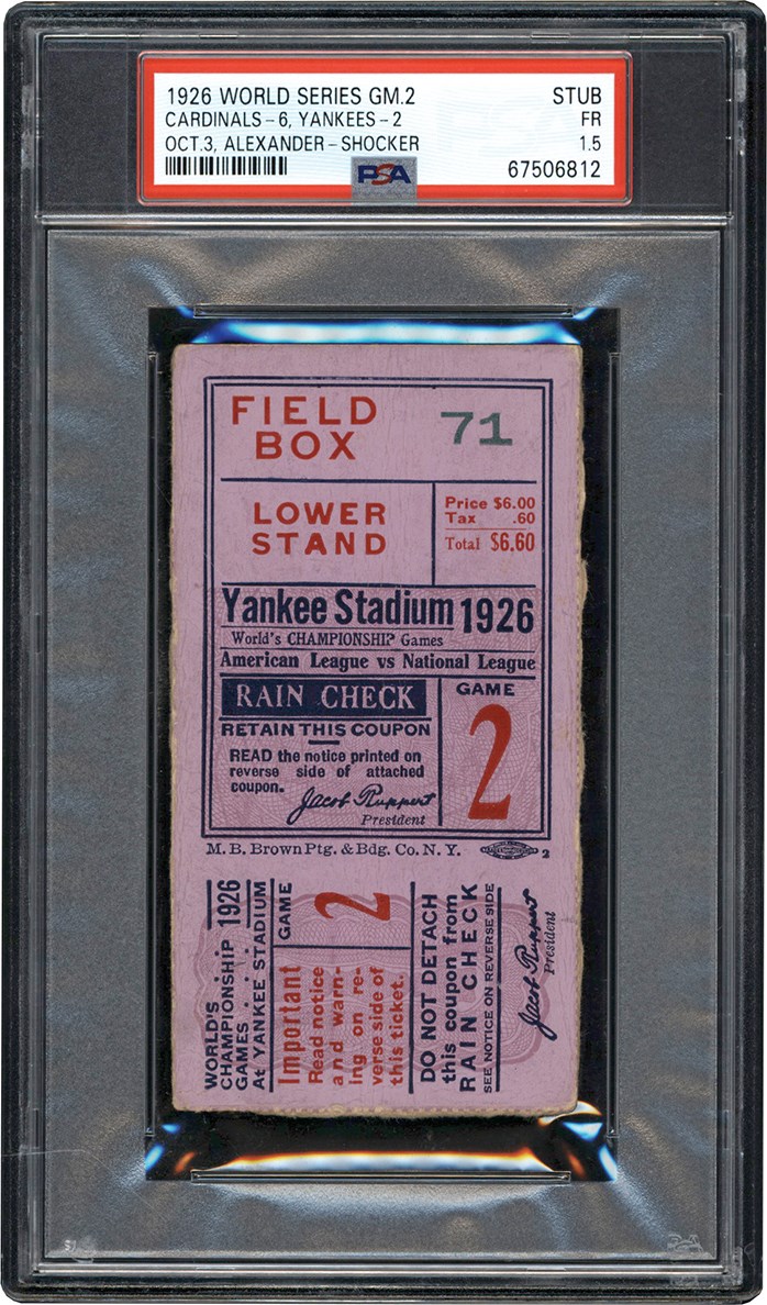 1926 World Series Game 2 at Yankee Stadium Field Box Ticket Stub PSA FR 1.5