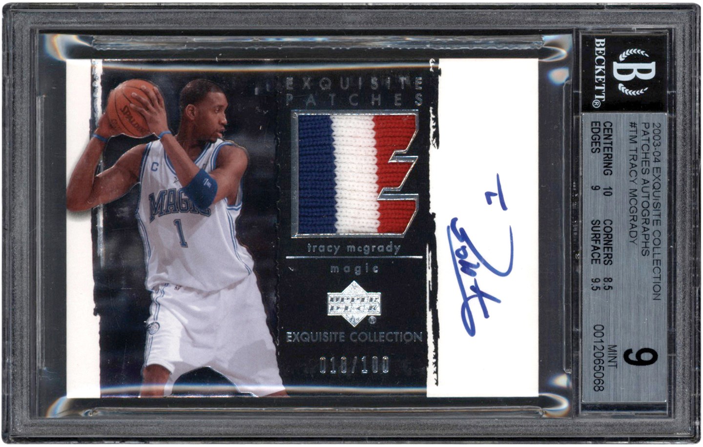 Basketball Cards - 2003-2004 UD Exquisite Basketball Collection Patches Autographs #TM Tracy McGrady Signed NBA All Star Game Used Patch #18/100 BGS MINT 9 Auto 10