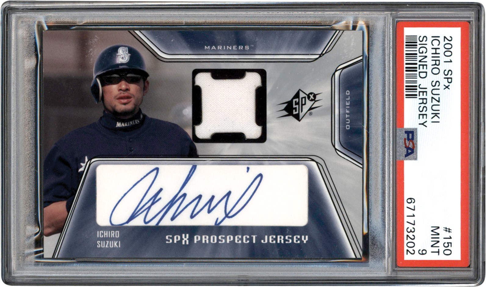 - 2001 SPx Prospect Jersey Baseball #150 Ichiro Suzuki Autograph Rookie Jersey Card PSA MINT 9