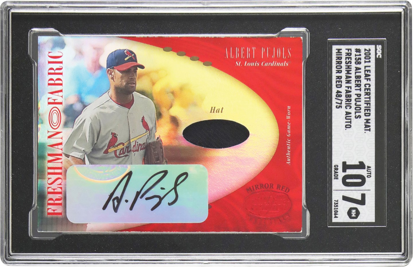 - 2001 Leaf Certified Materials Baseball Mirror Red #158 Albert Pujols Game Used Hat Autograph Rookie Card #48/75 SGC NM 7 Auto 10