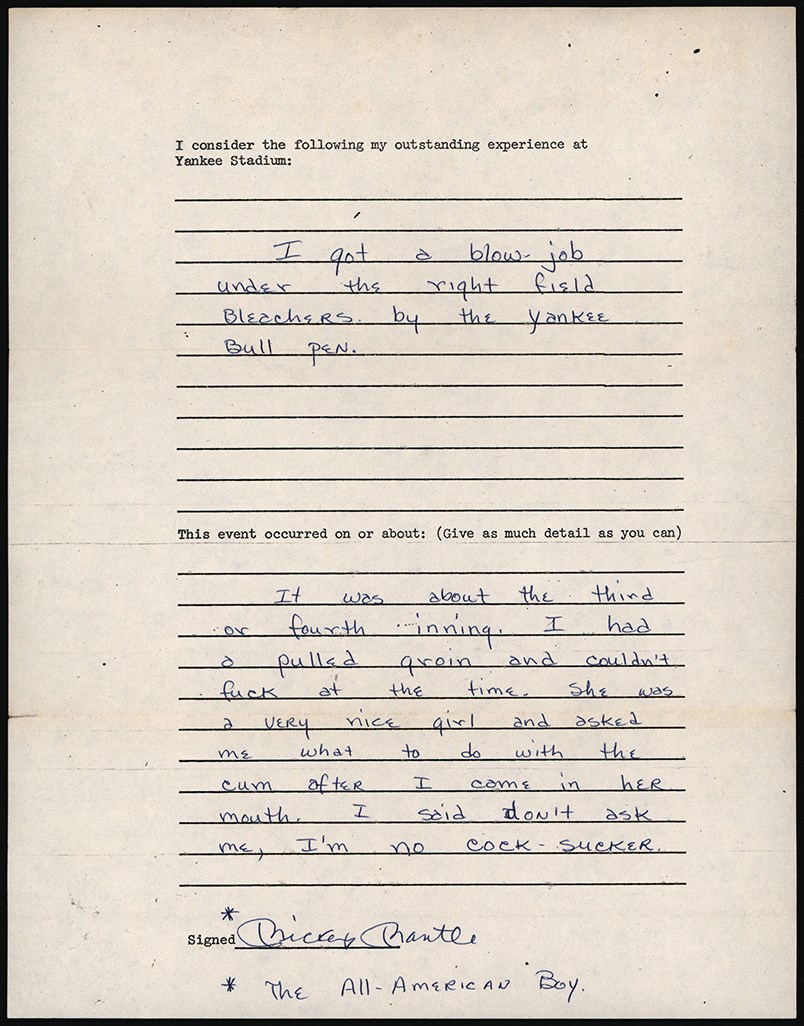 Baseball Autographs - 72 Mickey Mantle Signed and Handwritten "Lewd" Yankees Questionnaire - The Most Famous Mantle Document in the Hobby (PSA)