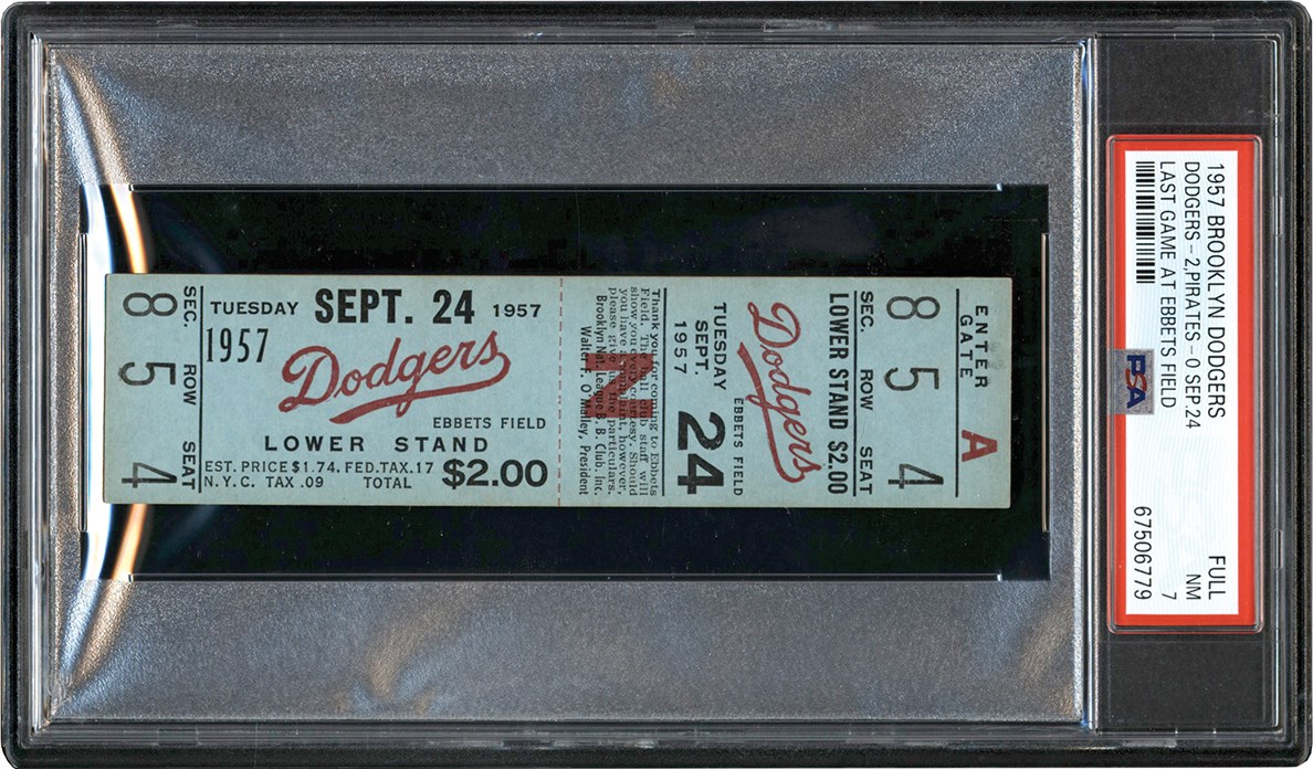 1957 Brooklyn Dodgers Last Game at Ebbets Field Full Ticket PSA NM 7 (Pop 1 of 4 - Just 2 Graded Higher)