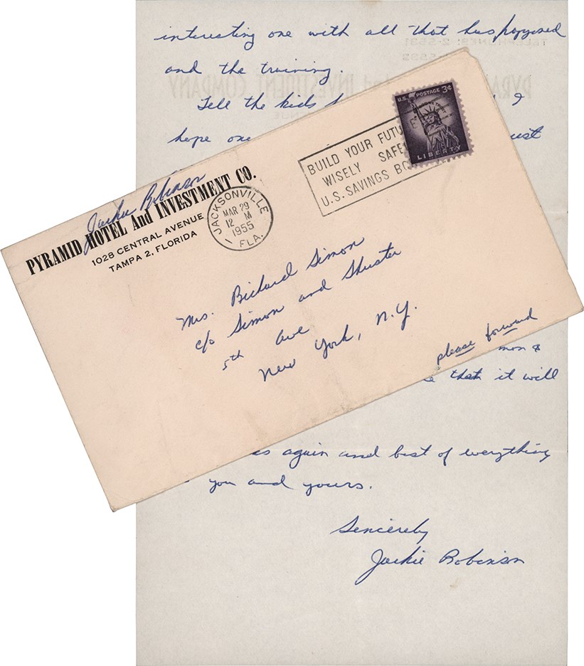- 1955 Jackie Robinson Handwritten Letter to Carly Simon's Mother - Signed Letter and Envelope (PSA)