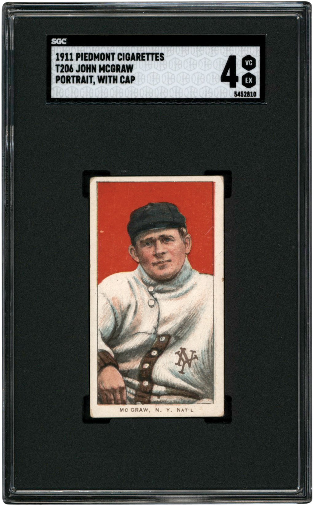 - 909-1911 T206 John McGraw-Portrait-With Cap Piedmont 350-460 Back Card SGC VG-EX 4