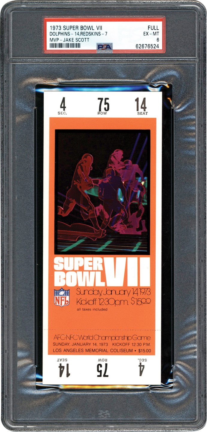- 1973 Super Bowl VII Dolphins vs Redskins Full Ticket PSA EX-MT 6