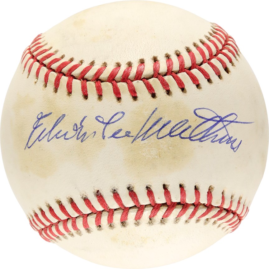 Baseball Autographs - Rare Eddie Mathews Single Signed Baseball with Middle Name "Lee" JSA Cert. And Sticker