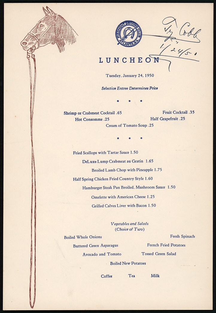 Baseball Autographs - 1950 Ty Cobb Signed Luncheon Menu (PSA)