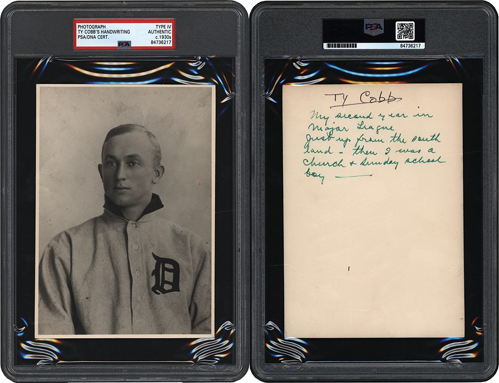 Baseball Autographs - Ty Cobb Photograph used for T206 Card w/Ty Cobb's Writing on the Back (PSA)