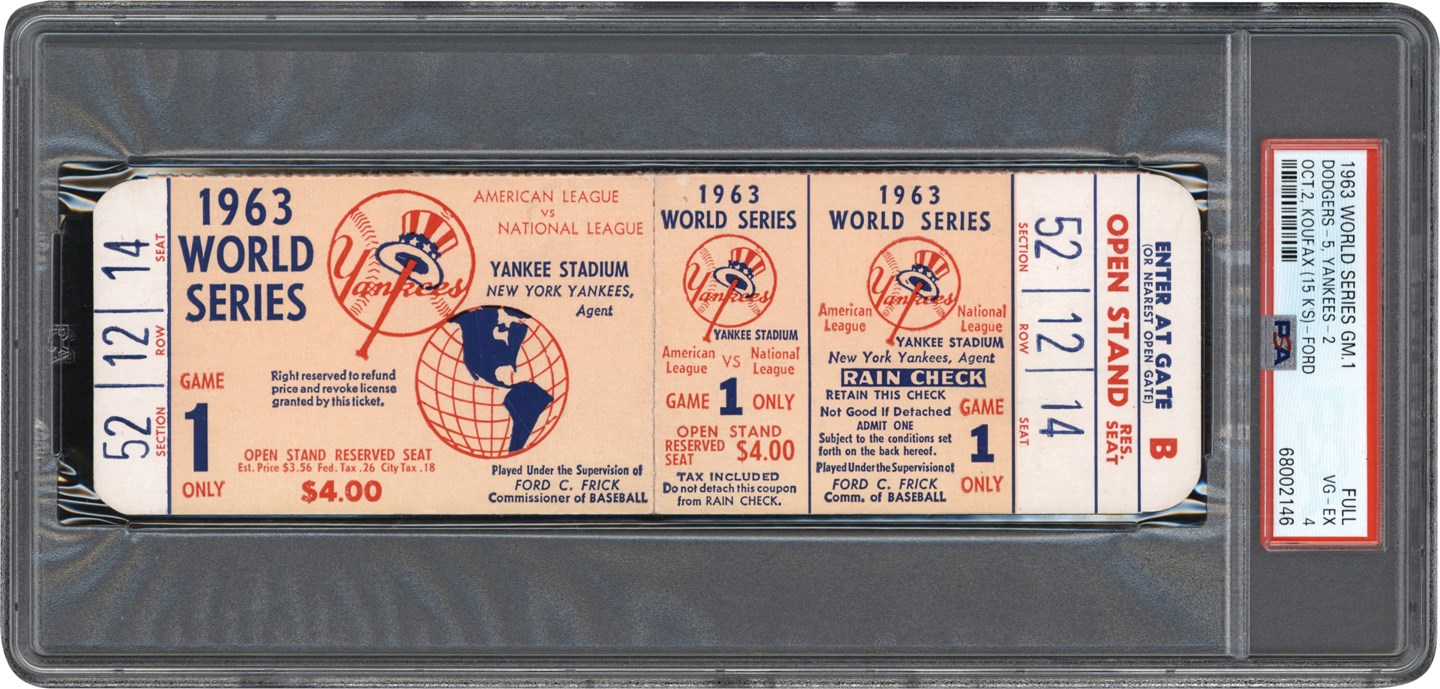1963 World Series Game One Full Ticket PSA VG-EX 4