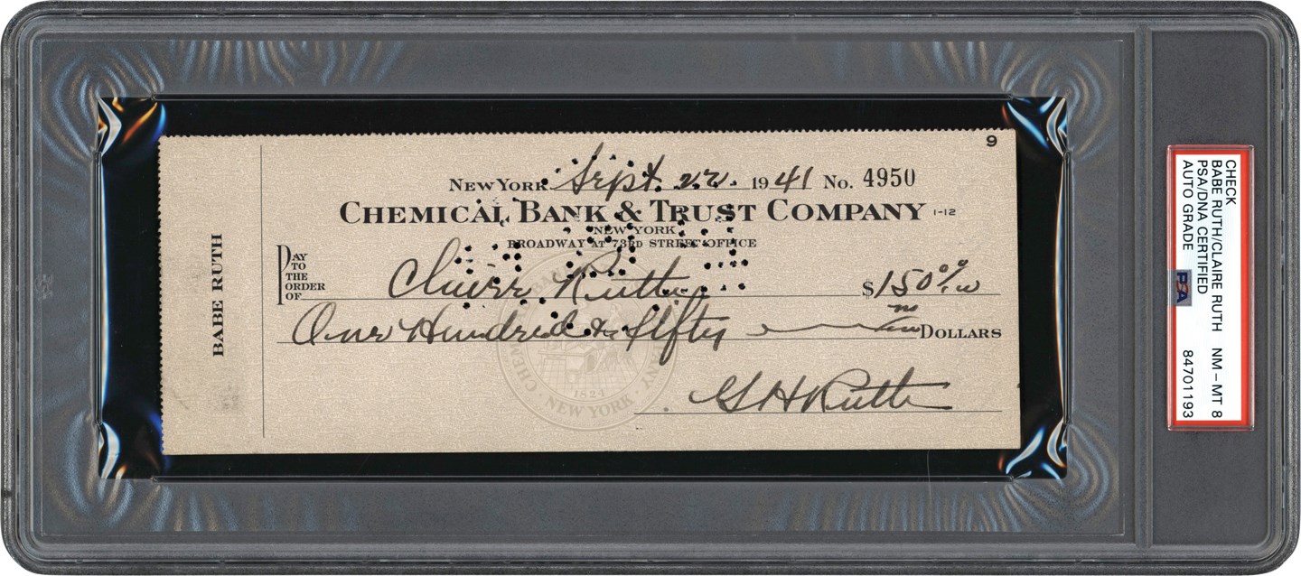 Baseball Autographs - 1941 Babe Ruth Signed Bank Check to Wife Claire Ruth (PSA NM-MT 8)