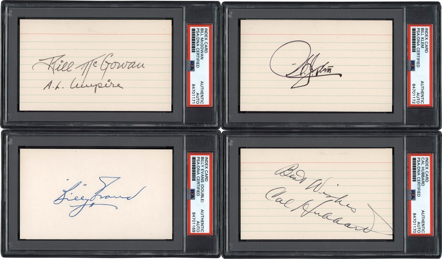 The New England Autograph Collection - Hall of Fame Umpires Signed Index Card Collection (4) - All PSA Encapsulated