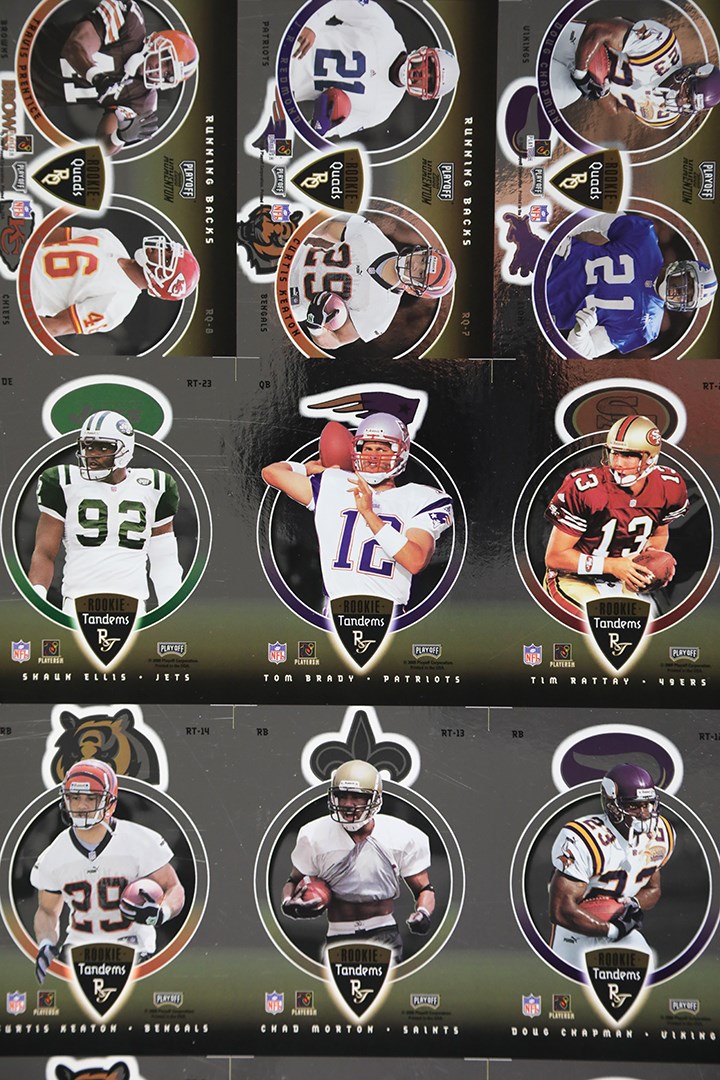 - 2000 Playoff Momentum Rookie Tandems & Quads Uncut Sheet with Both Tom Bradys - Only Known Example