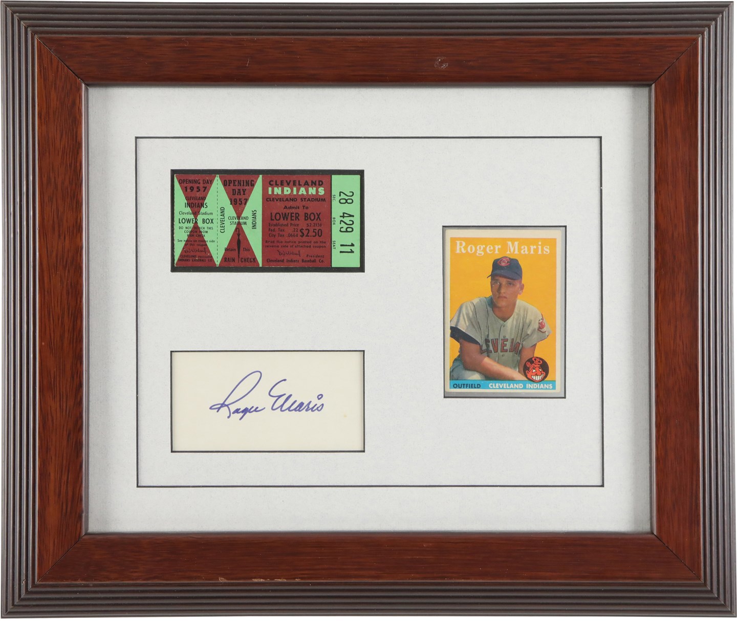 Mantle and Maris - Roger Maris MLB Debut Ticket Stub with 1958 Topps Rookie Card and Autograph Display