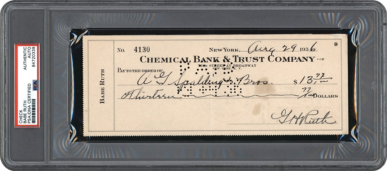 Ruth and Gehrig - 1936 Babe Ruth Signed Check to A.G Spalding & Bros. (PSA)