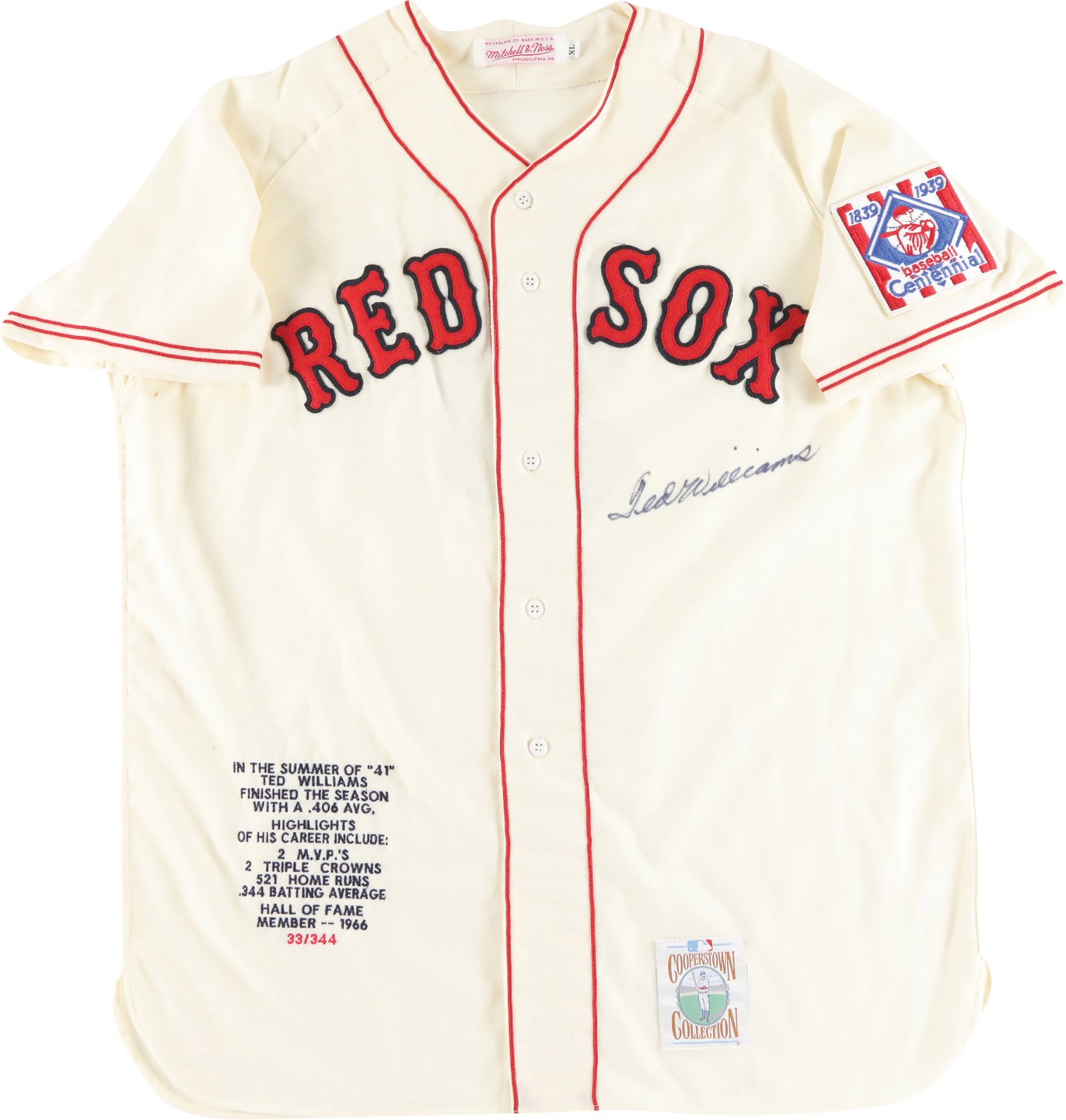 Baseball Autographs - Ted Williams Signed Limited Edition 1939 Boston Red Sox Jersey 33/344 (Green Diamond COA & Proof of Signing)