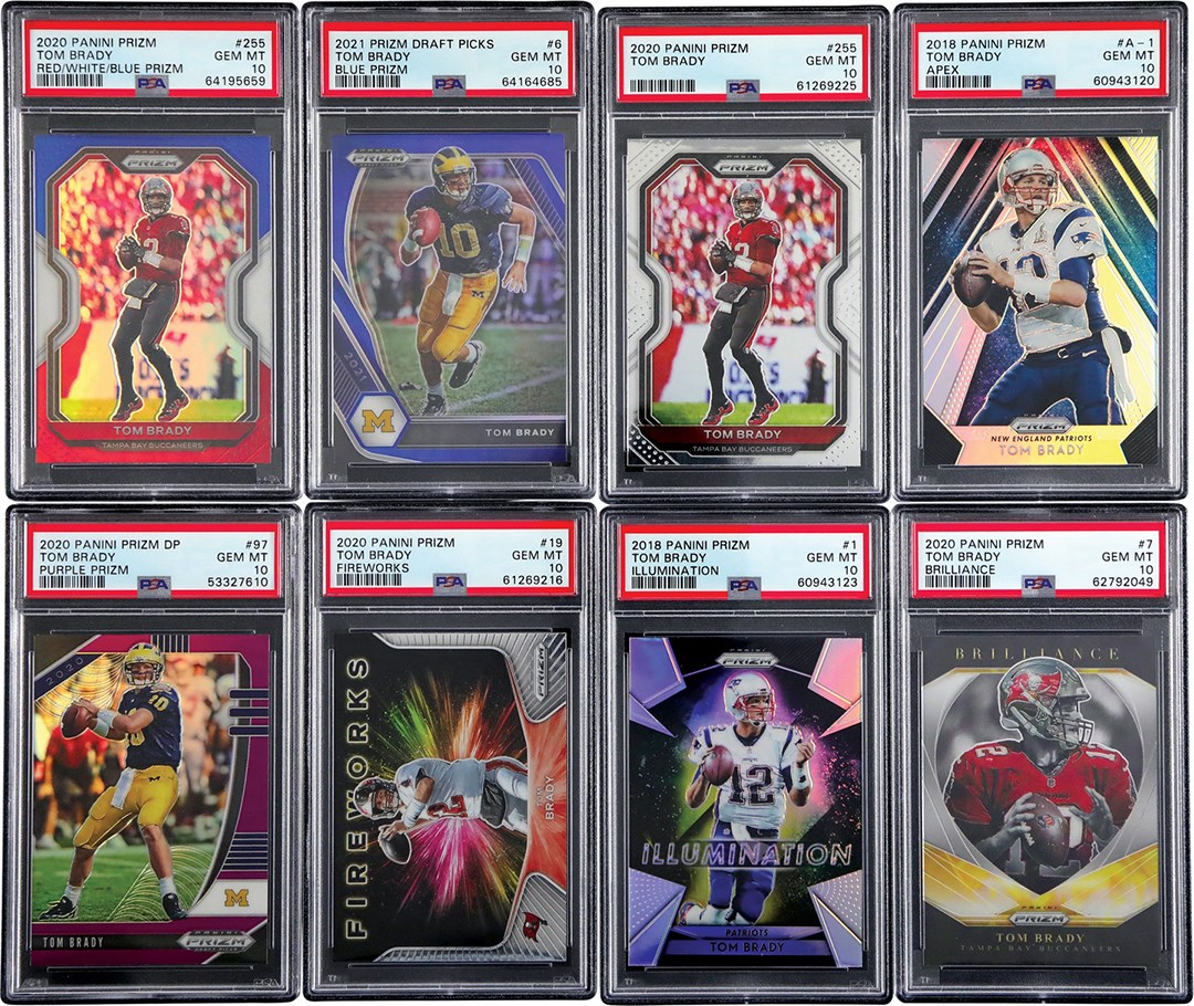 - 2016-2021 Panini Prizm Tom Brady PSA GEM MINT 10 Graded Card Collection with Red, White, Blue Insert (14)