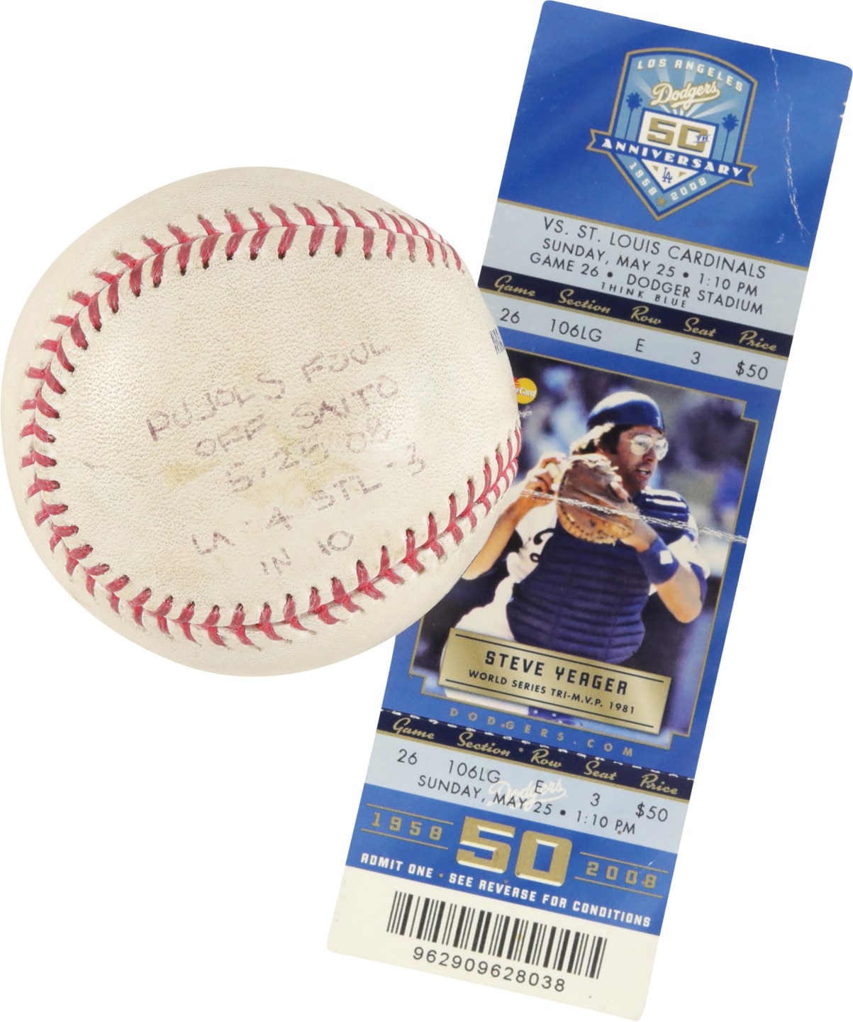 Baseball Equipment - 2008 Clayton Kershaw MLB Debut Albert Pujols Foul Ball and Full Ticket (Fan Provenance)
