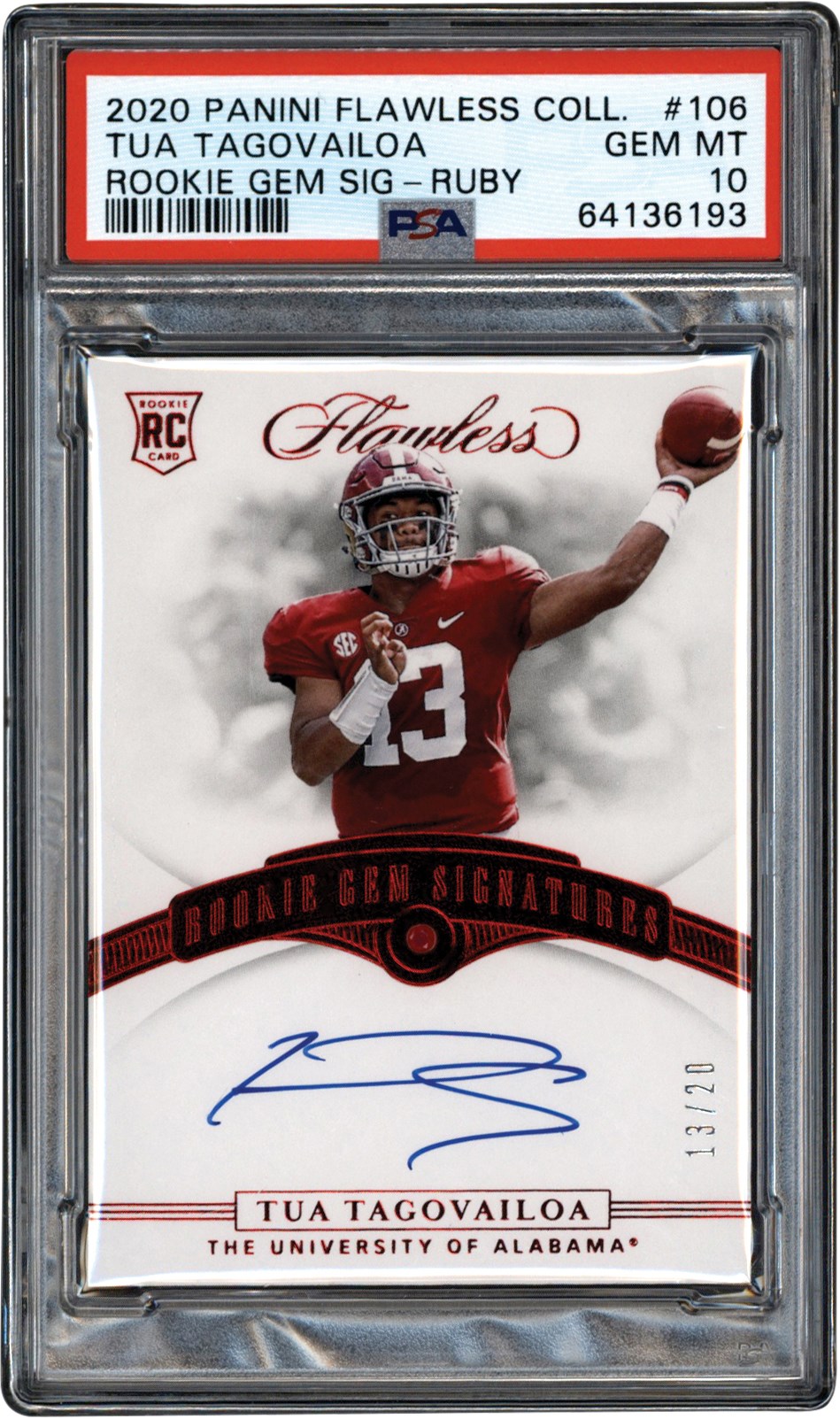 - 2020 Panini Flawless Football Collection #106 Tua Tagovailoa Rookie Gem Signatures Ruby Card PSA GEM MT 10 (Pop 1 - None Higher!)