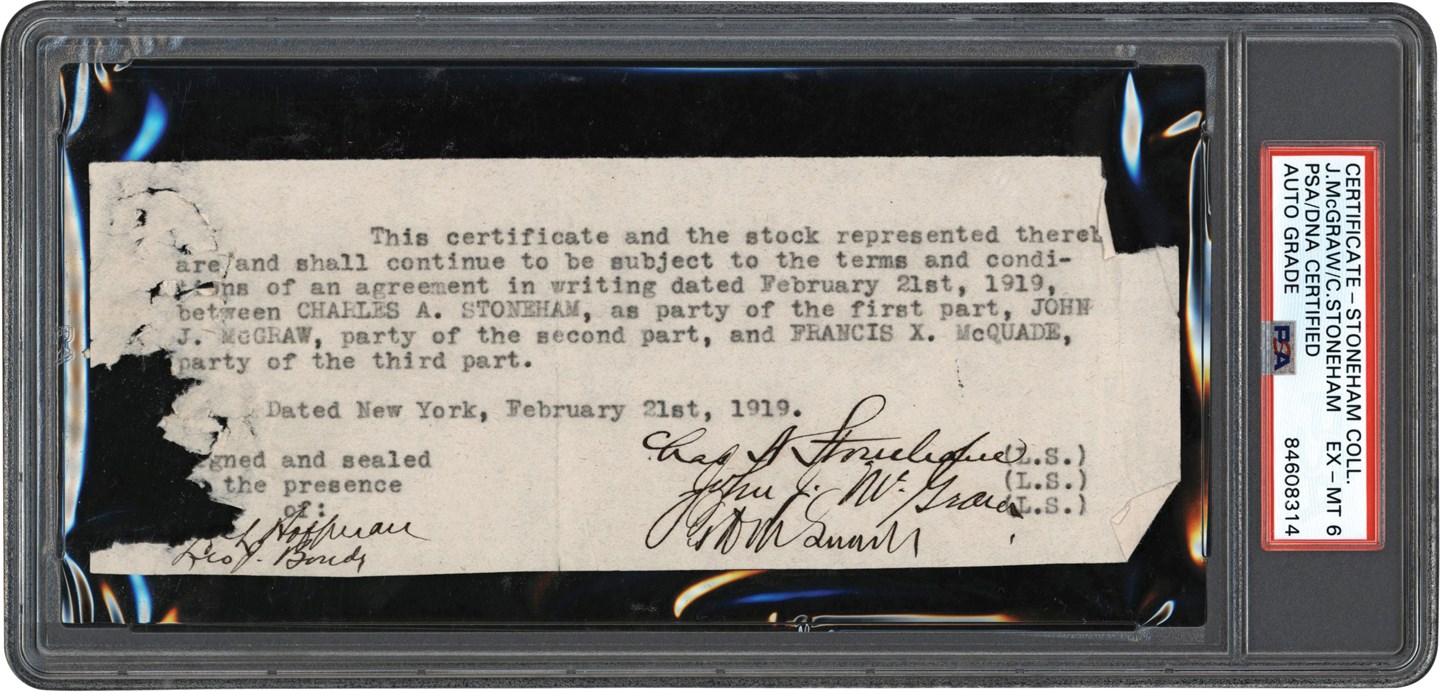 Baseball Autographs - 1919 John McGraw Signed Stock Certificate from The Stoneham Collection (PSA)