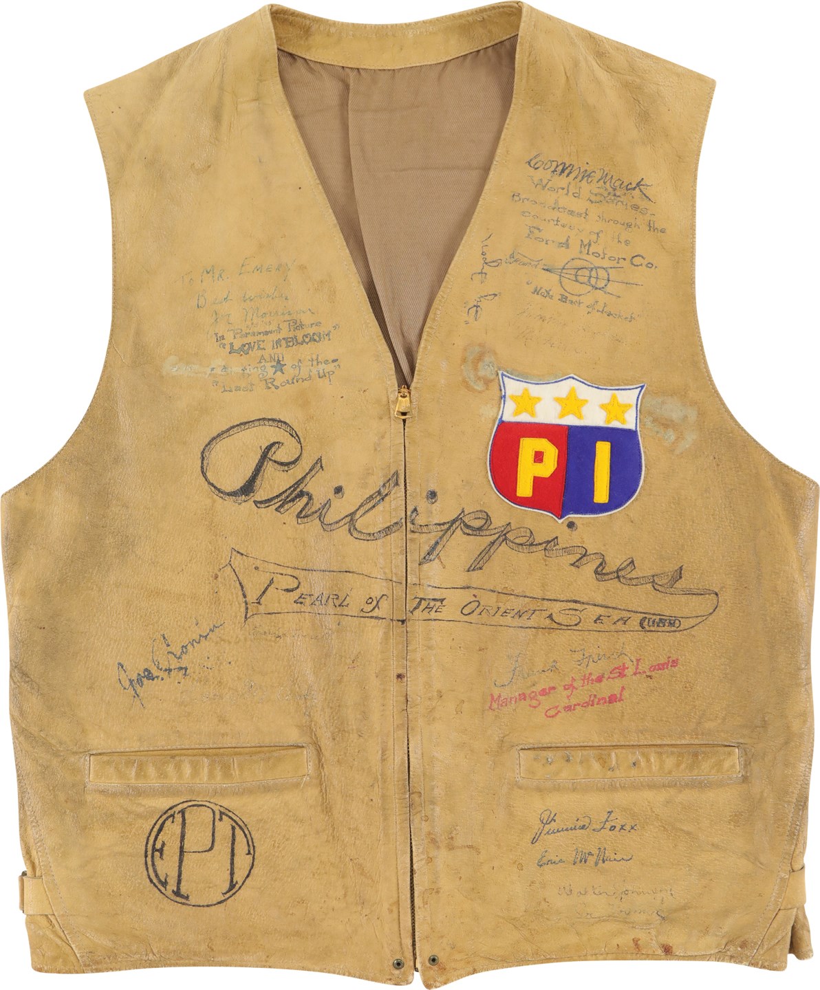 Baseball Autographs - Stunning 1934 World Series Team-Signed Leather Vest w/Walter Johnson & Jimmie Foxx (JSA)