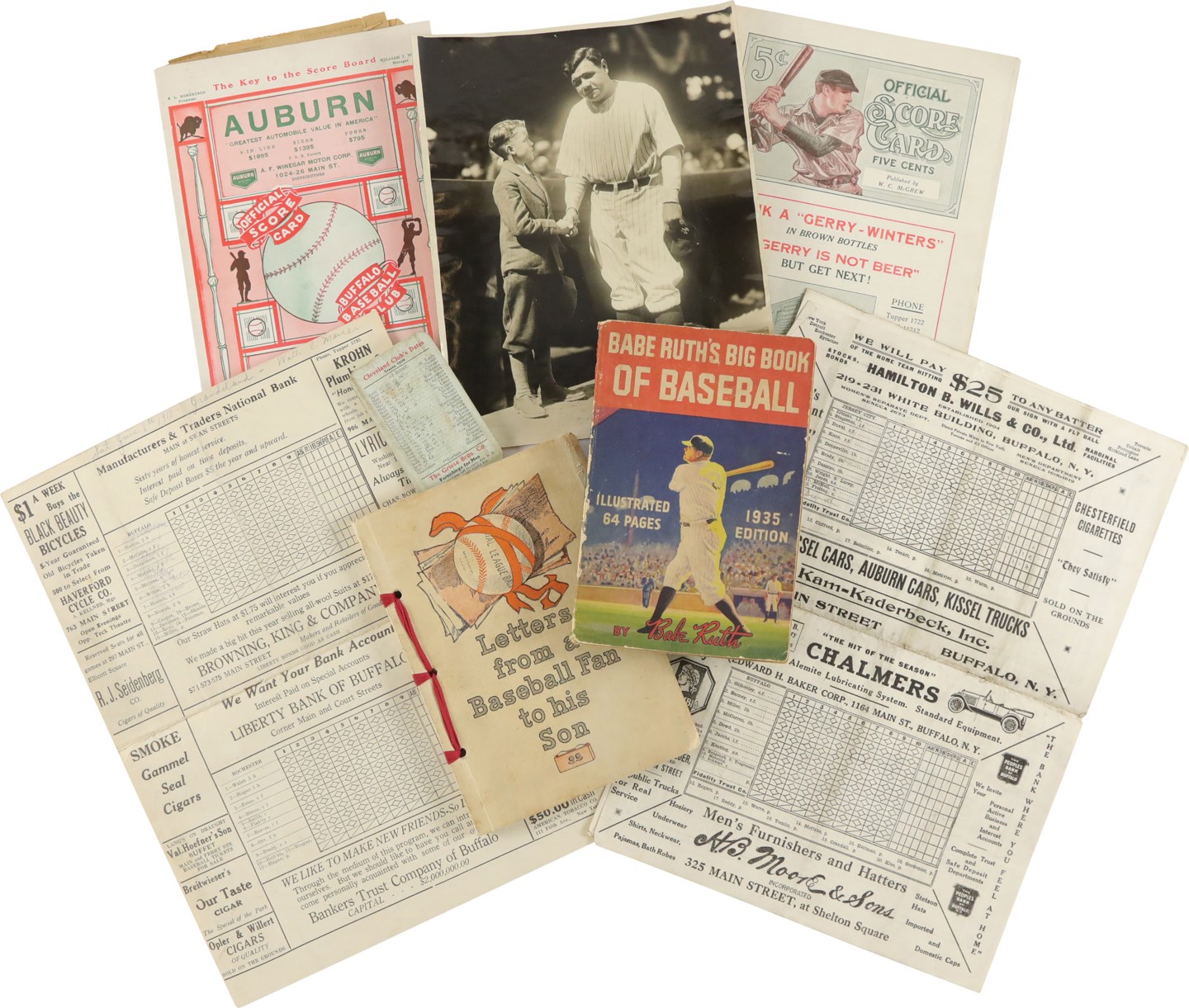 - 1909-1935 Early Baseball Collection with Scorecards (8) inc. Babe Ruth & Ty Cobb