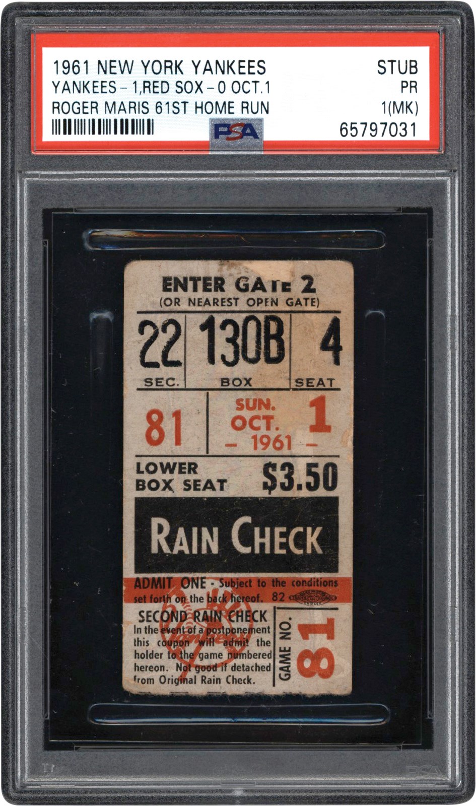 - 1961 Roger Maris 61st Home Run Yankee Stadium Ticket Stub w/Handwritten Note on Back PSA PR 1(mk)