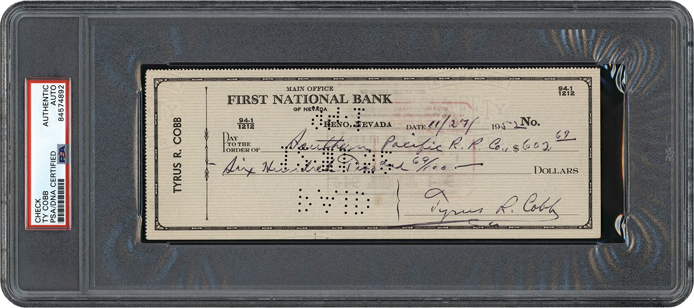 Baseball Autographs - 1952 Ty Cobb Signed Check (PSA)