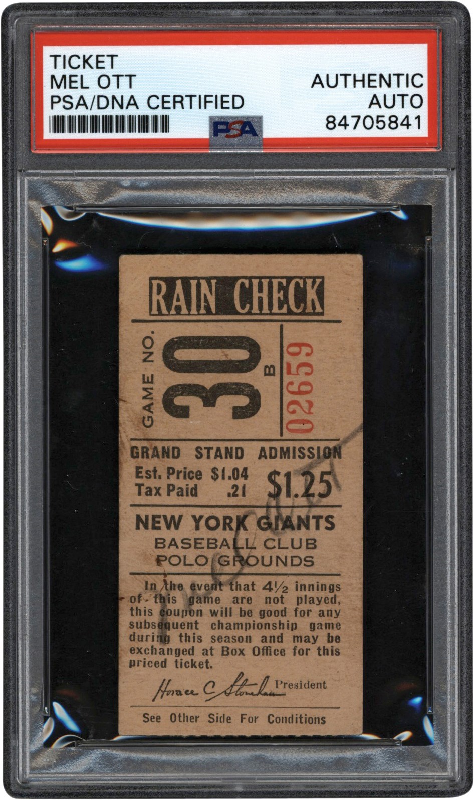 Baseball Autographs - Mel Ott Signed New York Giants Signed Ticket Stub PSA