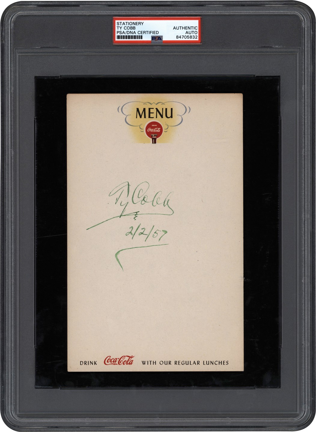 Baseball Autographs - 1957 Ty Cobb Signed Coca-Cola Menu (PSA)
