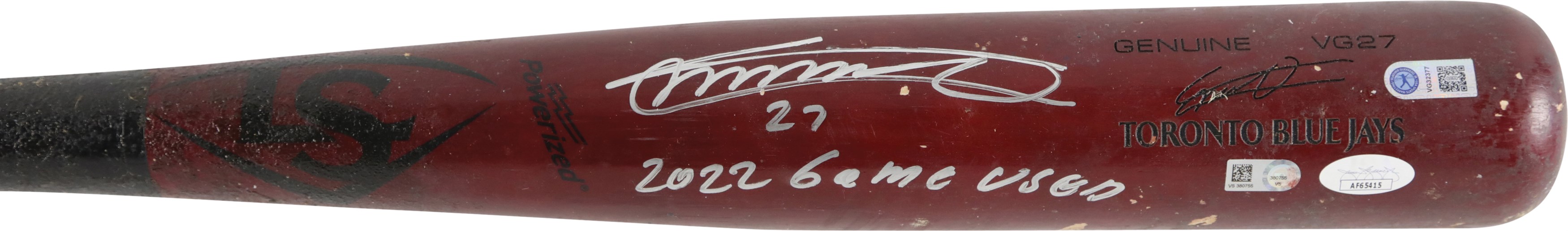 Baseball Equipment - 2022 Vladimir Guerrero Jr. Signed Game Used Bat (Photo-Matched, PSA GU 9 & MLB Holo)