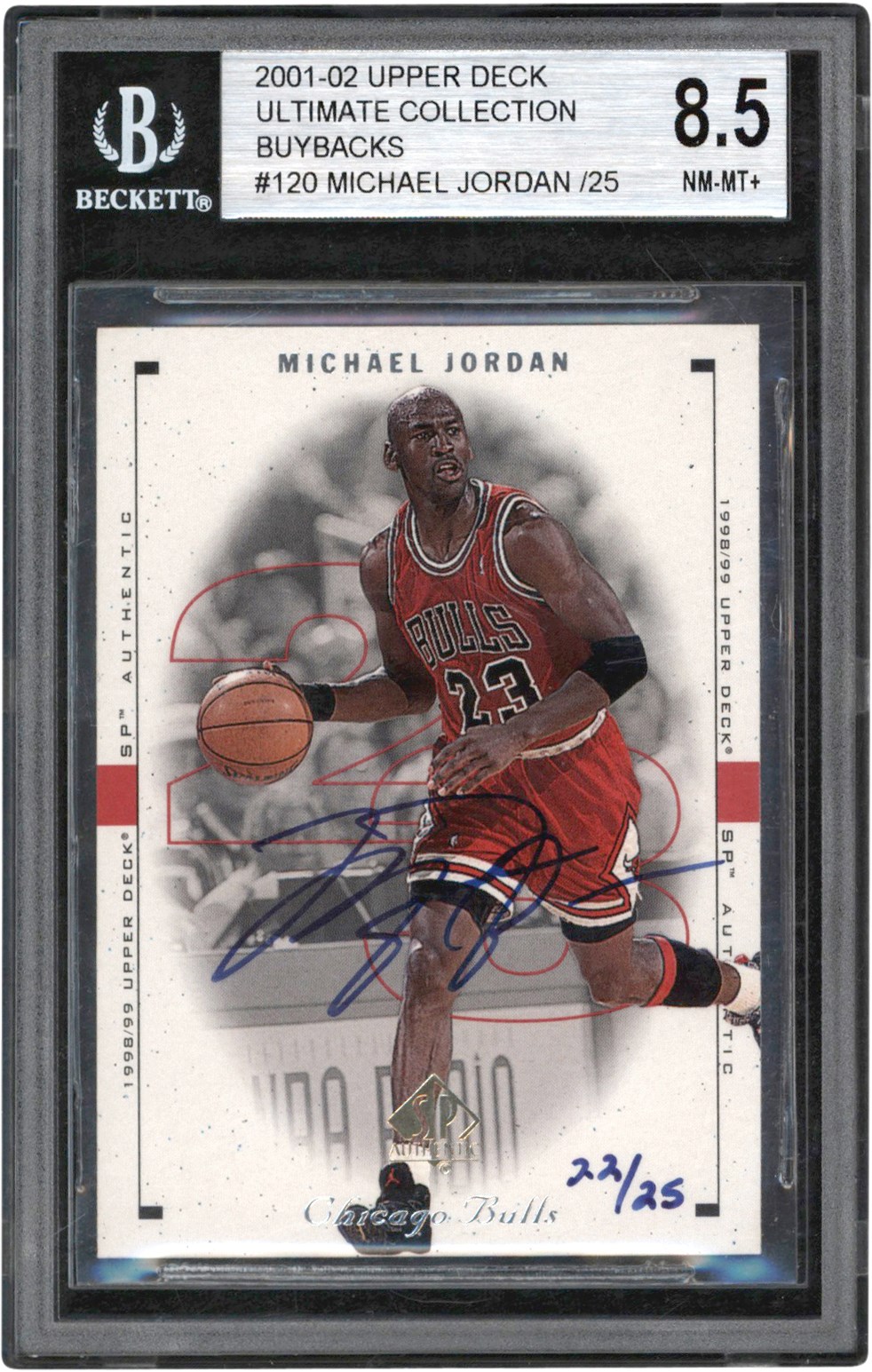 - 2001-2002 Upper Deck Ultimate Collection Basketball Buybacks #120 Michael Jordan Autograph Card #22/25 BGS NM-MT+ 8.5 Auto 10