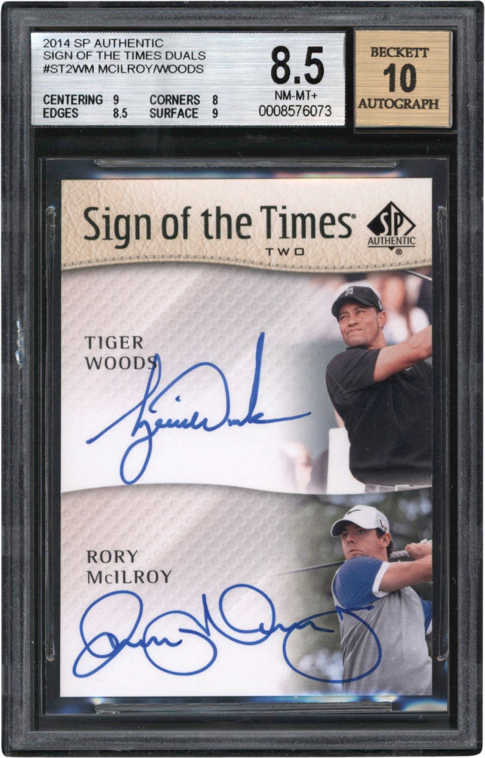 - 2014 SP Authentic Golf Sign of the Times Duals #ST2WM Tiger Woods & Rory McIlroy Autograph Card BGS NM-MT+ 8.5 Auto 10