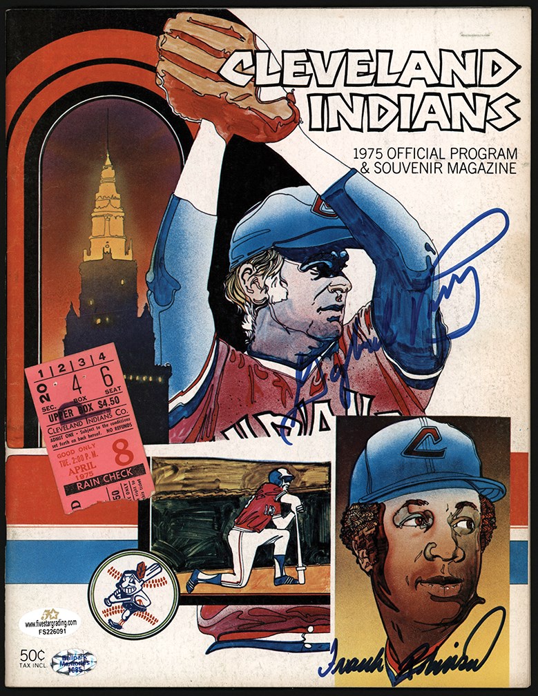 Baseball Autographs - 1975 Frank Robinson Becomes First African American Manager Signed Program and Ticket Stub