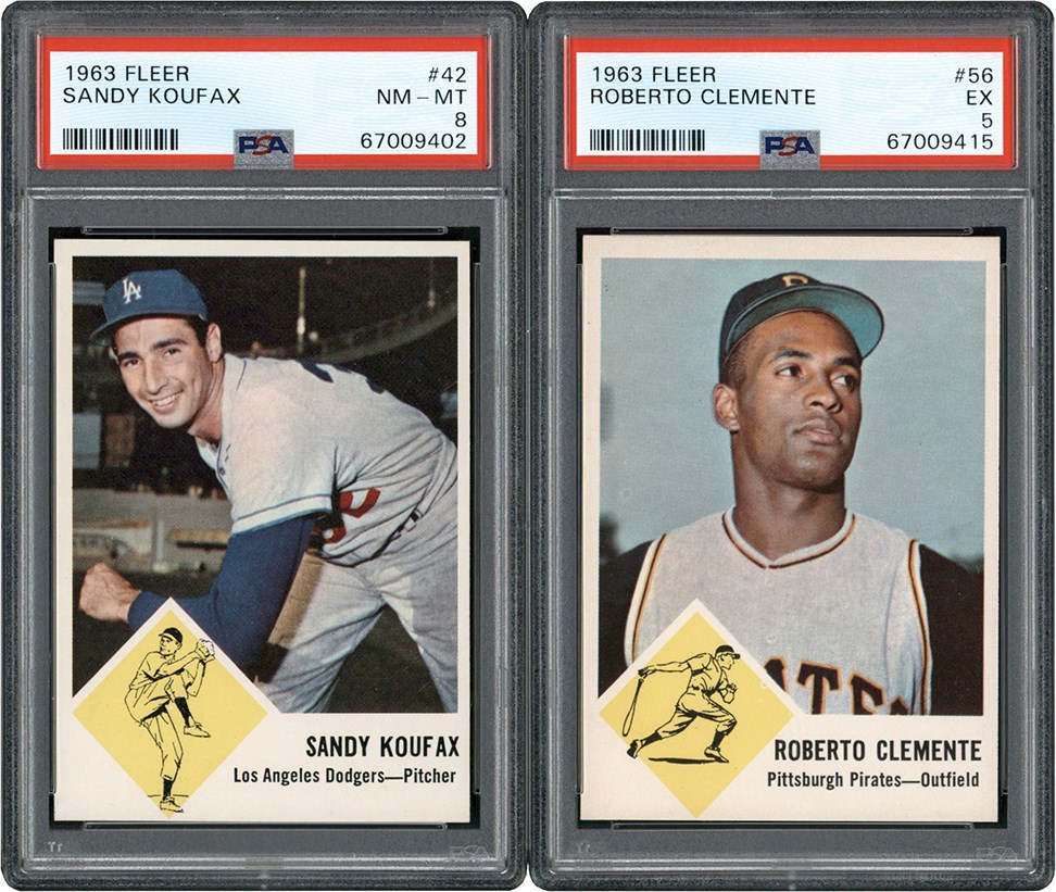 963 Fleer Baseball Sandy Koufax PSA 8 and Roberto Clemente PSA 5