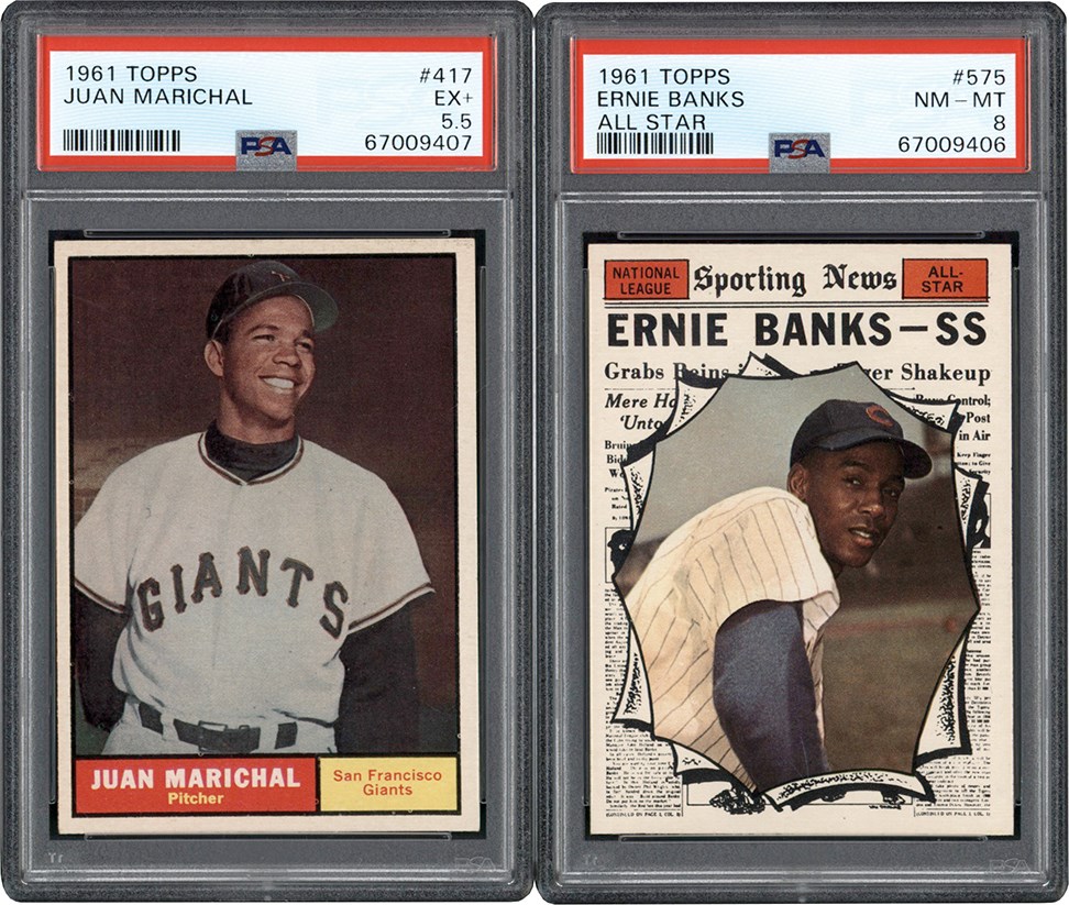 - 961 Topps Baseball #575 Ernie Banks All Star PSA 8 and #417 Juan Marichal PSA 5.5 Rookie