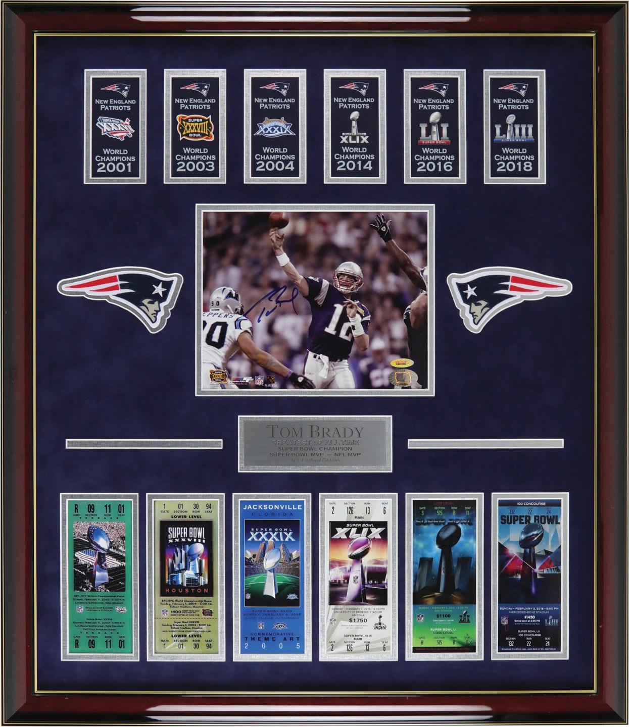 - Tom Brady Signed Photograph with Super Bowl Tickets Display (TriStar)