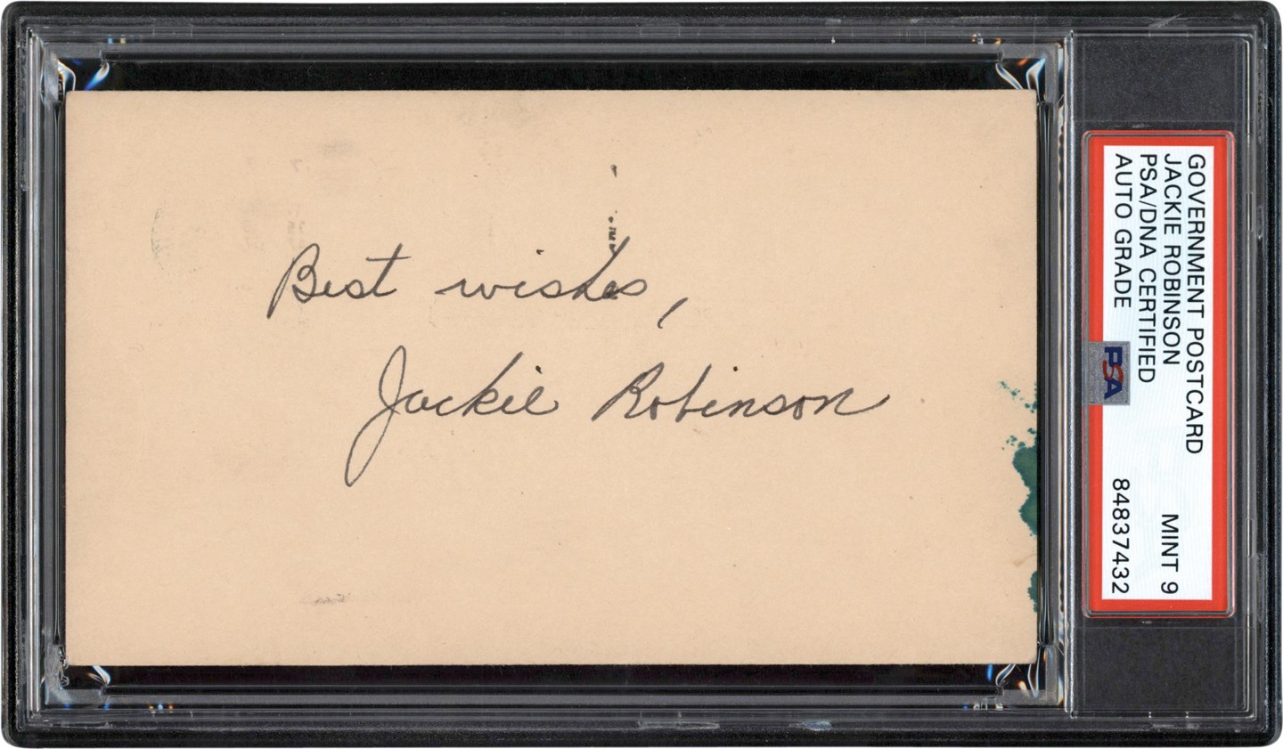 - 1947 Jackie Robinson Signed Government Postcard - Signed Two Weeks After Major League Debut (PSA MINT 9)