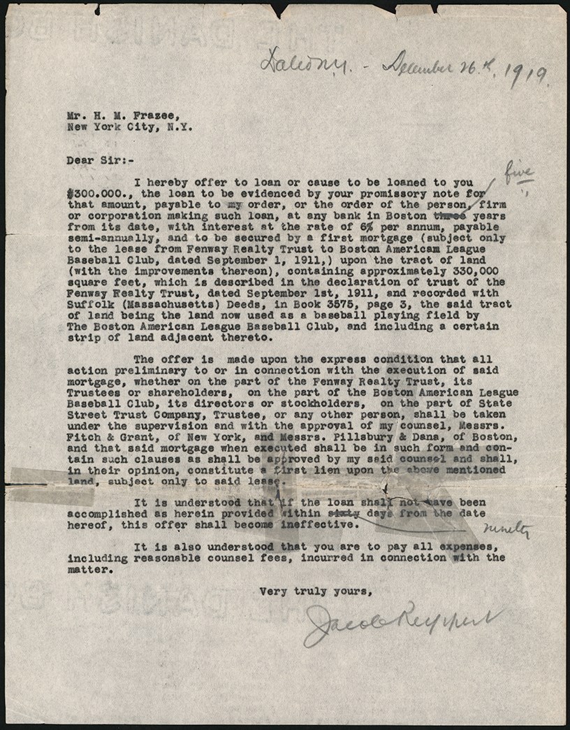 Historic December 26th, 1919, Jacob Ruppert Sale of Babe Ruth Letter to Harry Frazee the Day Yankees and Red Sox Owners Agreed to Terms - Ruppert Loans Frazee $300,000 for Fenway Park Mortgage (ex-Barry Halper Collection)