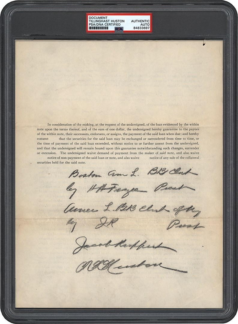 - 920 New York Yankees Promissory Note to Boston Red Sox for Sale of Babe Ruth Payment - Yankees Co-Owner Colonel Tillinghast Huston's Personal Copy from The Barry Halper Collection (PSA)