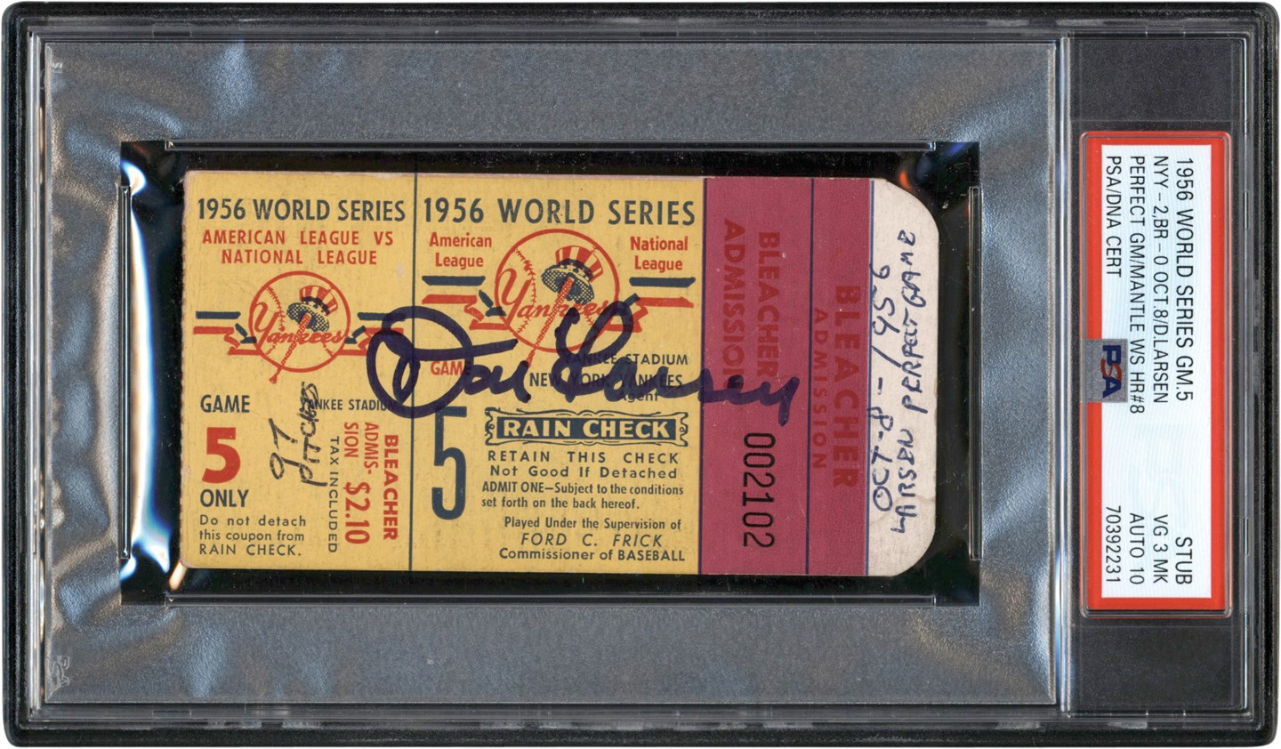 1956 Don Larsen World Series Perfect Game Signed Ticket Stub PSA VG 3(mk) Auto 10